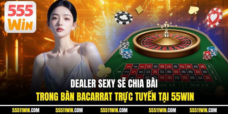 Dealer sexy sẽ chia bài trong bàn Bacarrat trực tuyến tại 55WIN